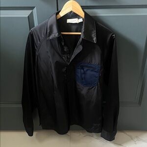 Coach Black Satin Nylon Shirt Jacket with Navy Chest Pocket